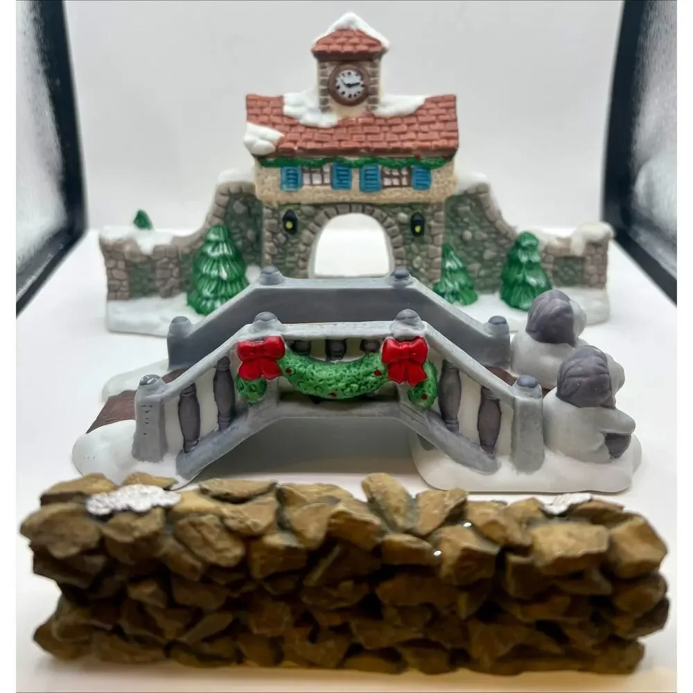 Lot of 3 Christmas Village Porcelain & Resin Clock Tower Gate, Bridge, Rock Wall
